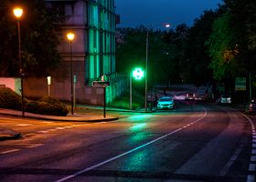 City street corner with wayfinding signs